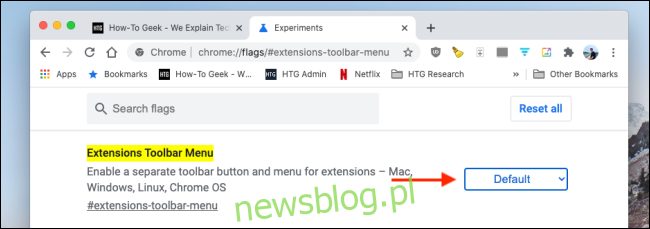 Kliknij menu rozwijane obok menu rozszerzeń w flagach Chrome