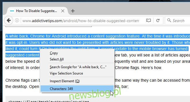 Jak uzyskać liczbę znaków z menu kontekstowego prawego przycisku myszy w przeglądarce Firefox