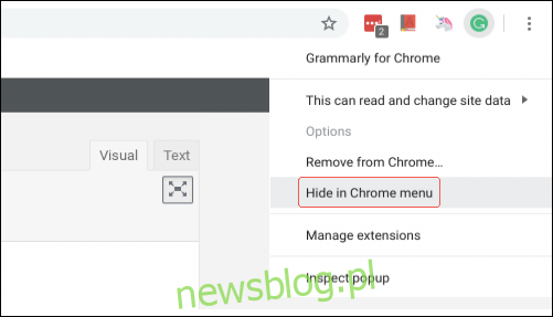 Ukrywanie rozszerzenia w menu Chrome