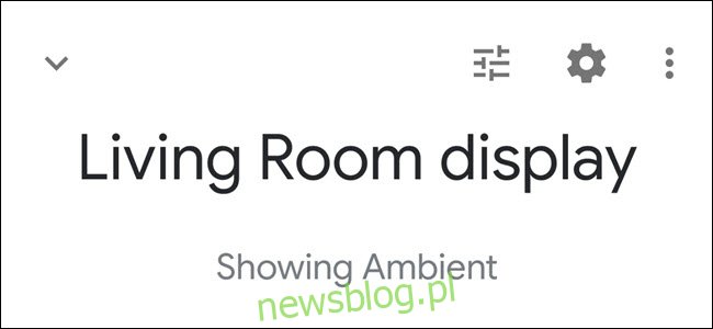 Aplikacja Google Home z nagłówkiem wyświetlacza w salonie z tekstem „Wyświetlam otoczenie”