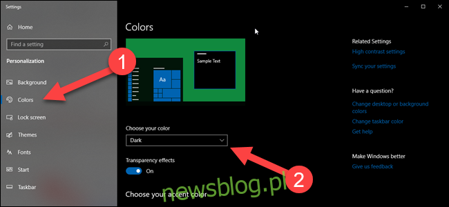 Strona ustawień kolorów systemu Windows ze strzałkami wskazującymi kolory i opcje motywu