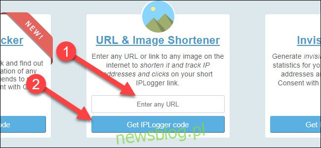 Strona rejestratora IP ze strzałką wskazującą na opcję skracania adresów URL i przycisk pobierania kodu iploggera