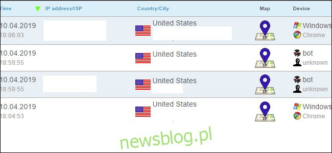 wyniki śledzenia rejestratora IP, pokazujące kilka pingów w Stanach Zjednoczonych.