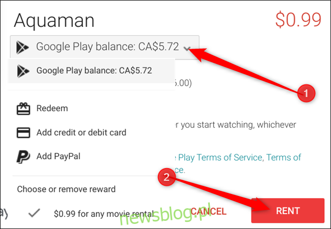 Domyślnie w pierwszej kolejności używane jest konto Google Pay, jeśli chcesz to zmienić, kliknij menu rozwijane, wybierz metodę płatności, a następnie kliknij Wypożycz