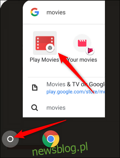 Kliknij program uruchamiający, zacznij pisać Filmy, a następnie kliknij aplikację Play Movies dla Chrome, to ta z szarą ikoną Chrome w prawym dolnym rogu