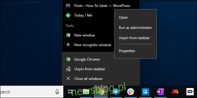 Otwieranie okna właściwości skrótu paska zadań Chrome w systemie Windows 10