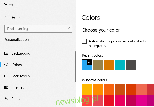 Wybór koloru akcentującego w systemie Windows 10