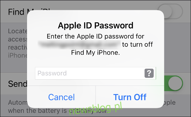 Wpisz hasło Apple ID, aby wyłączyć 