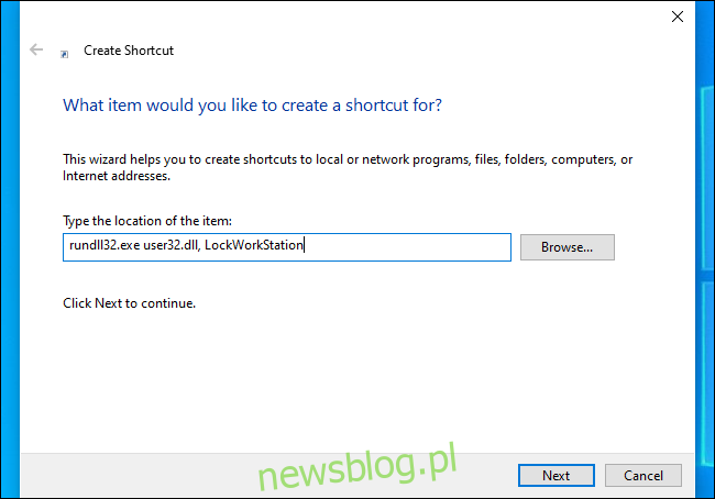 Tworzenie skrótu blokującego komputer w systemie Windows 10.