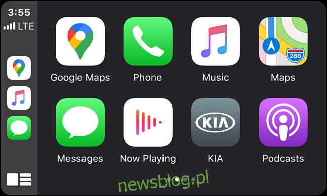 Ikony aplikacji w Apple CarPlay na ekranie systemu informacyjno-rozrywkowego w pojeździe.