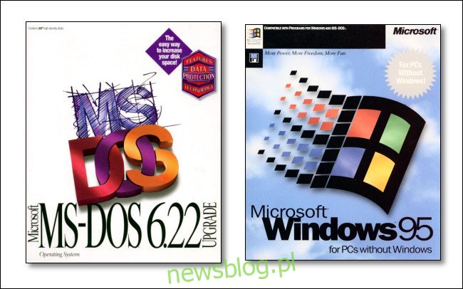 Grafika pudełka w systemie Microsoft MS-DOS 6.22 i Windows 95.