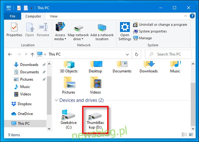 Na tym komputerze zlokalizuj swój pendrive w Eksploratorze plików systemu Windows 10.