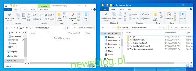 Dwa okna Eksploratora plików otwierają się obok siebie w systemie Windows 10.
