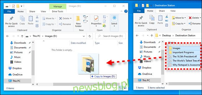 Kliknij i przeciągnij pliki z jednego okna do okna napędu flash USB w Eksploratorze plików systemu Windows 10.