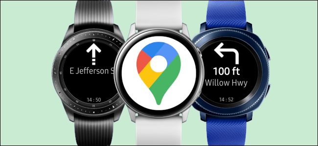 Trzy smartwatche Samsung Galaxy ze wskazówkami z Map Google.