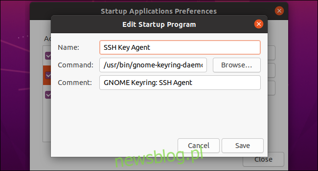 Edycja programu startowego na pulpicie GNOME Ubuntu.