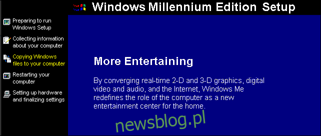 Proces instalacji systemu Windows Millennium Edition.