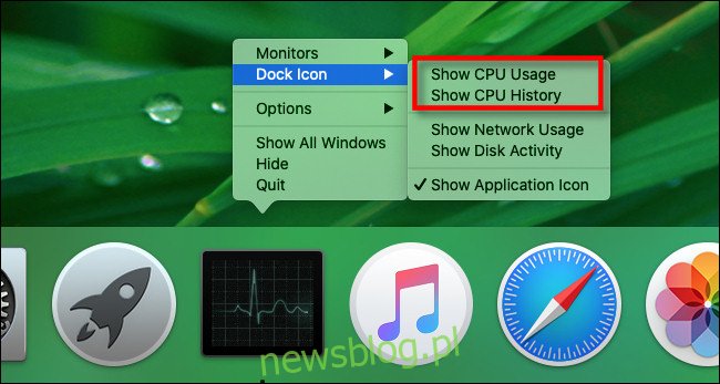 Opcje dokowania monitora aktywności komputera Mac