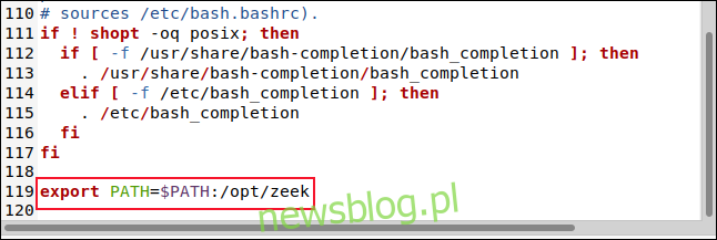 Plik BASHRC w edytorze gedit z linią PATH = $ PATH: / opt / zeek.