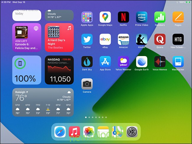 Ekran główny iPada 14 z widocznymi widżetami Widoku dnia.