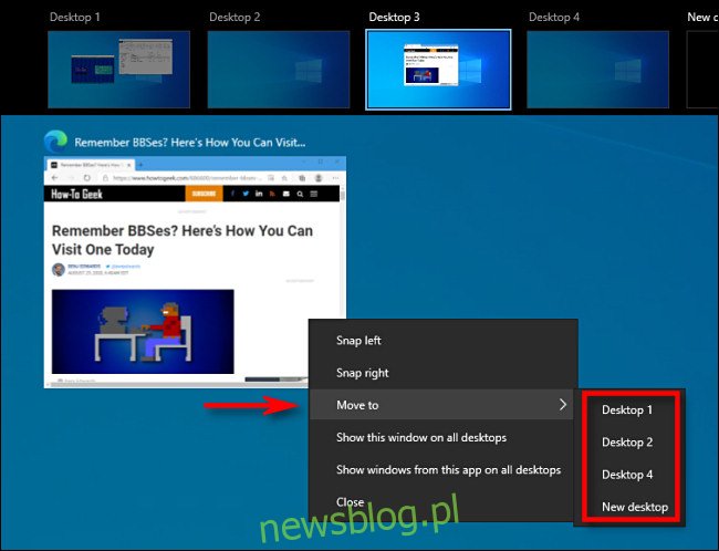 W widoku zadań w systemie Windows 10 kliknij prawym przyciskiem myszy miniaturę okna i wybierz 