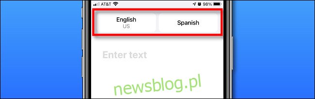 Przyciski wyboru języka w Tłumaczu Apple na iPhonie.