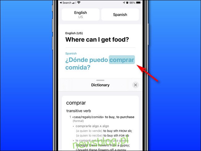 W trybie Słownik w Tłumaczu Apple na iPhonie możesz stuknąć słowa, aby zobaczyć ich definicje.