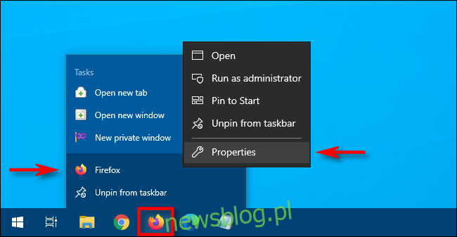 W systemie Windows 10 kliknij prawym przyciskiem myszy ikonę paska zadań, a następnie kliknij prawym przyciskiem myszy skrót i wybierz 