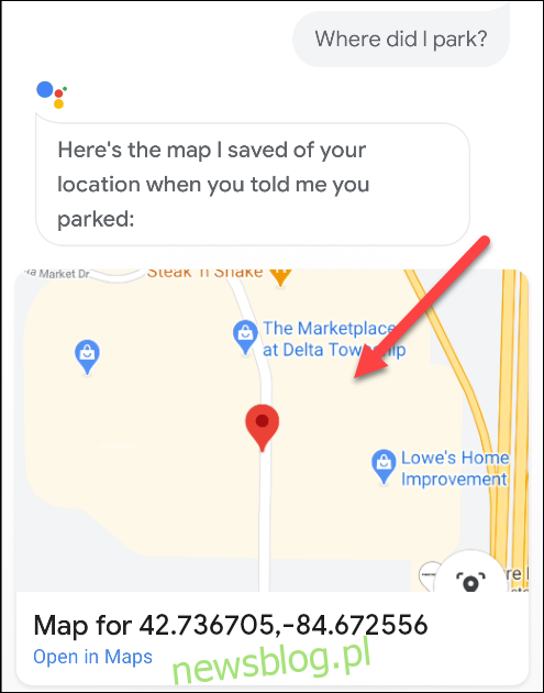 Mapa pokazująca, gdzie zaparkowany jest samochód w Asystencie Google.