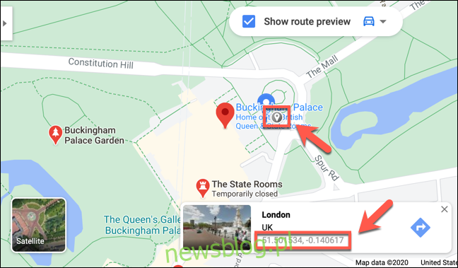 Współrzędne Pałacu Buckingham w Londynie pokazane w witrynie Google Maps