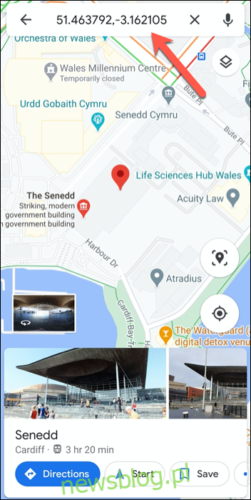 Współrzędne GPS parlamentu Walii w Wielkiej Brytanii w aplikacji Mapy Google na Androida.