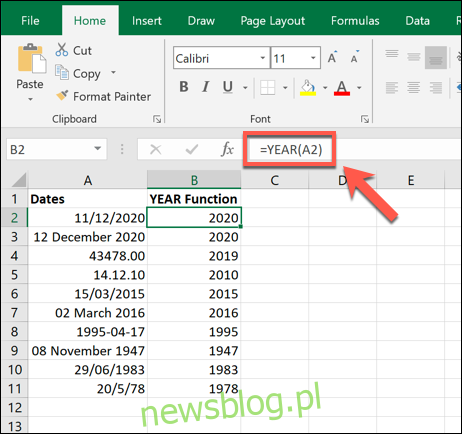 Przykłady funkcji ROK używanej w programie Microsoft Excel