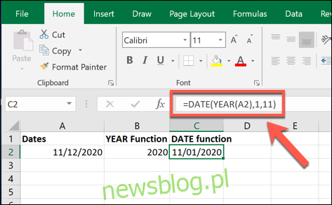 Przykładowa wartość formuły DATA utworzona przy użyciu wartości utworzonej przez formułę YEAR w programie Excel