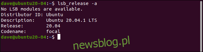 Wyjście lab_release na Ubuntu w oknie terminala.