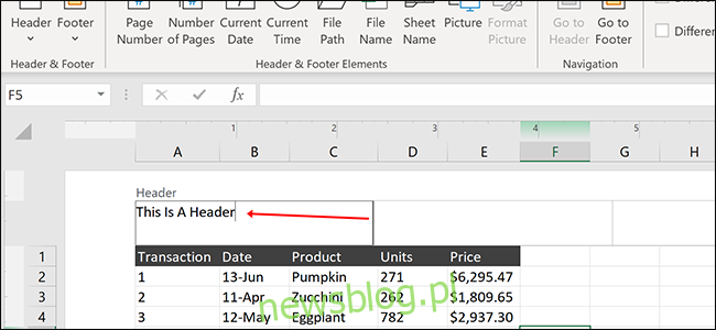 Wpisywanie nagłówka arkusza kalkulacyjnego w programie Excel