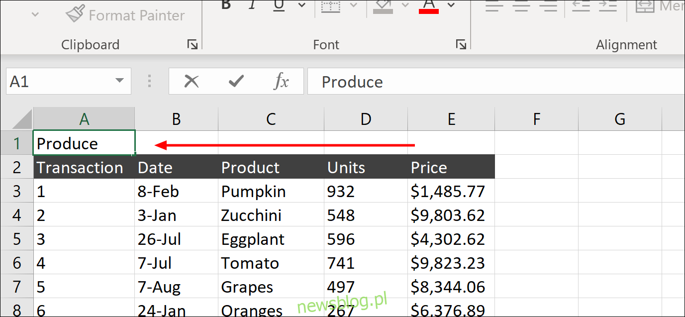 Wybieranie komórki A1 w programie Microsoft Excel