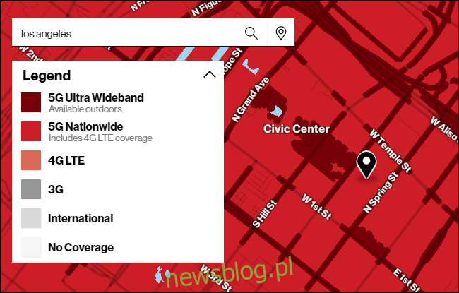Mapa zasięgu sieci 5G firmy Verizon w Los Angeles