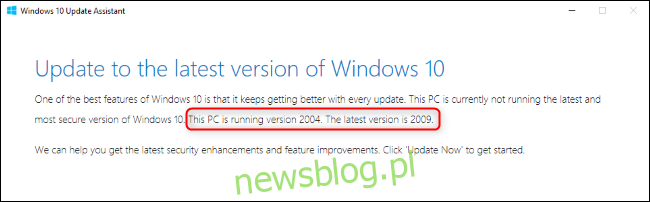 Asystent Windows Update pokazujący numery wersji.