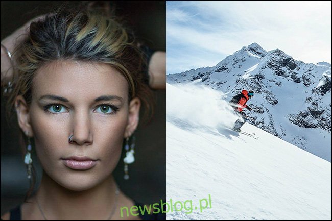 Portret kobiety po lewej stronie z małą głębią ostrości i narciarza schodzącego z zaśnieżonej góry z dużą głębią ostrości po prawej.