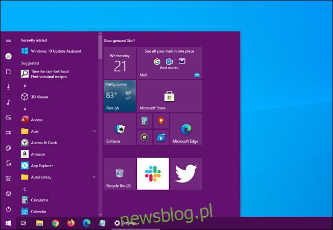 Menu Start systemu Windows 10 z dodanym kolorem akcentującym.
