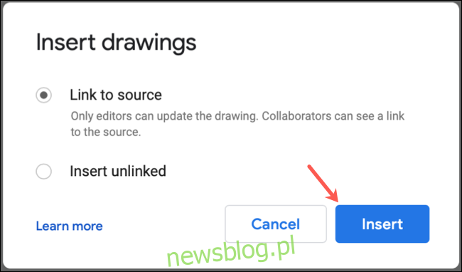 Wybierz, czy chcesz połączyć rysunek w Dokumentach Google