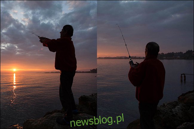 Dwa zdjęcia mężczyzny łowiącego ryby o zachodzie słońca wykonane przy różnych ogniskowych, ale przy takiej samej ilości światła. 