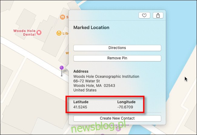 W oznaczonym oknie informacji o lokalizacji w Apple Maps na Macu zobaczysz szerokość i długość geograficzną.
