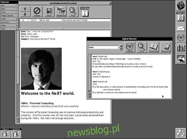 E-mail od Steve'a Jobsa na komputerze NeXTSTEP 2.0.
