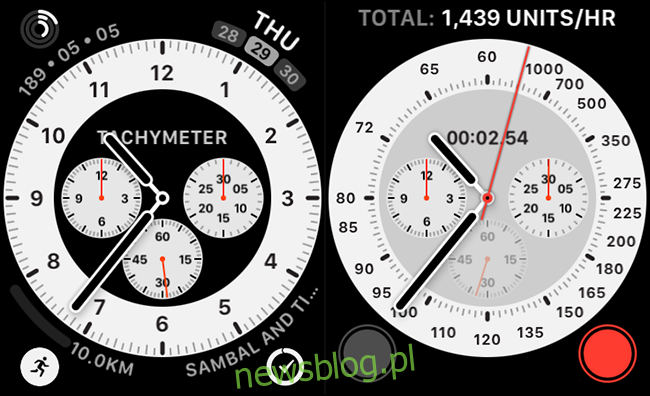 Tarcza chronografu Pro z wbudowaną komplikacją związaną z tachymetrem.