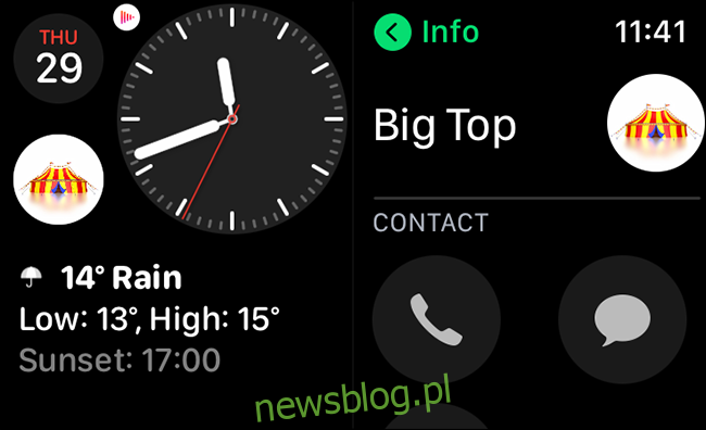 Skrót do kontaktu ustawiony jako komplikacja na zegarku Apple Watch.