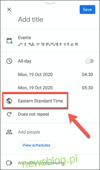 Stuknij strefę czasową wymienioną w menu szczegółów wydarzenia, aby zmienić strefę czasową dla tego wydarzenia.