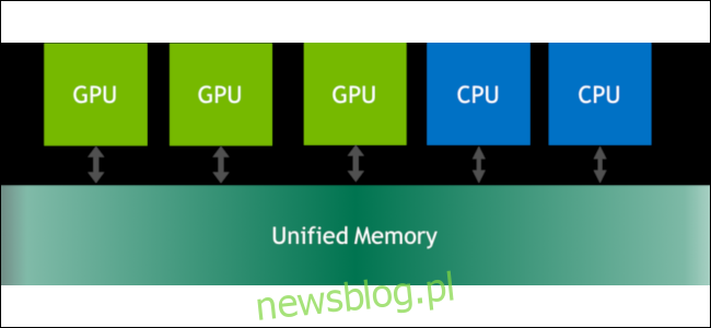 Diagram pokazujący, w jaki sposób rdzenie procesora i karty graficznej mogą korzystać z funkcji zunifikowanej pamięci Nvidii.