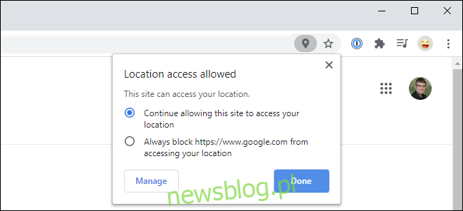 Wyskakujące okienko przeglądarki Google Chrome pokazujące dostęp do lokalizacji, na który zezwolono w witrynie.