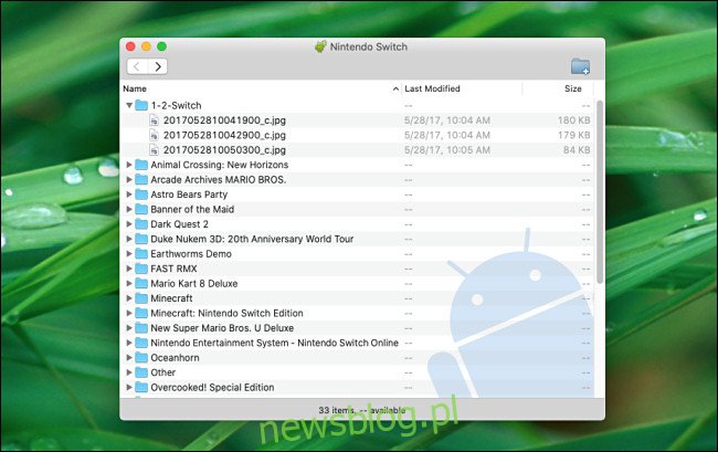 Lista zrzutów ekranu i filmów z przełącznika posortowanych według folderów, jak widać w aplikacji Android File Transfer na komputerze Mac.